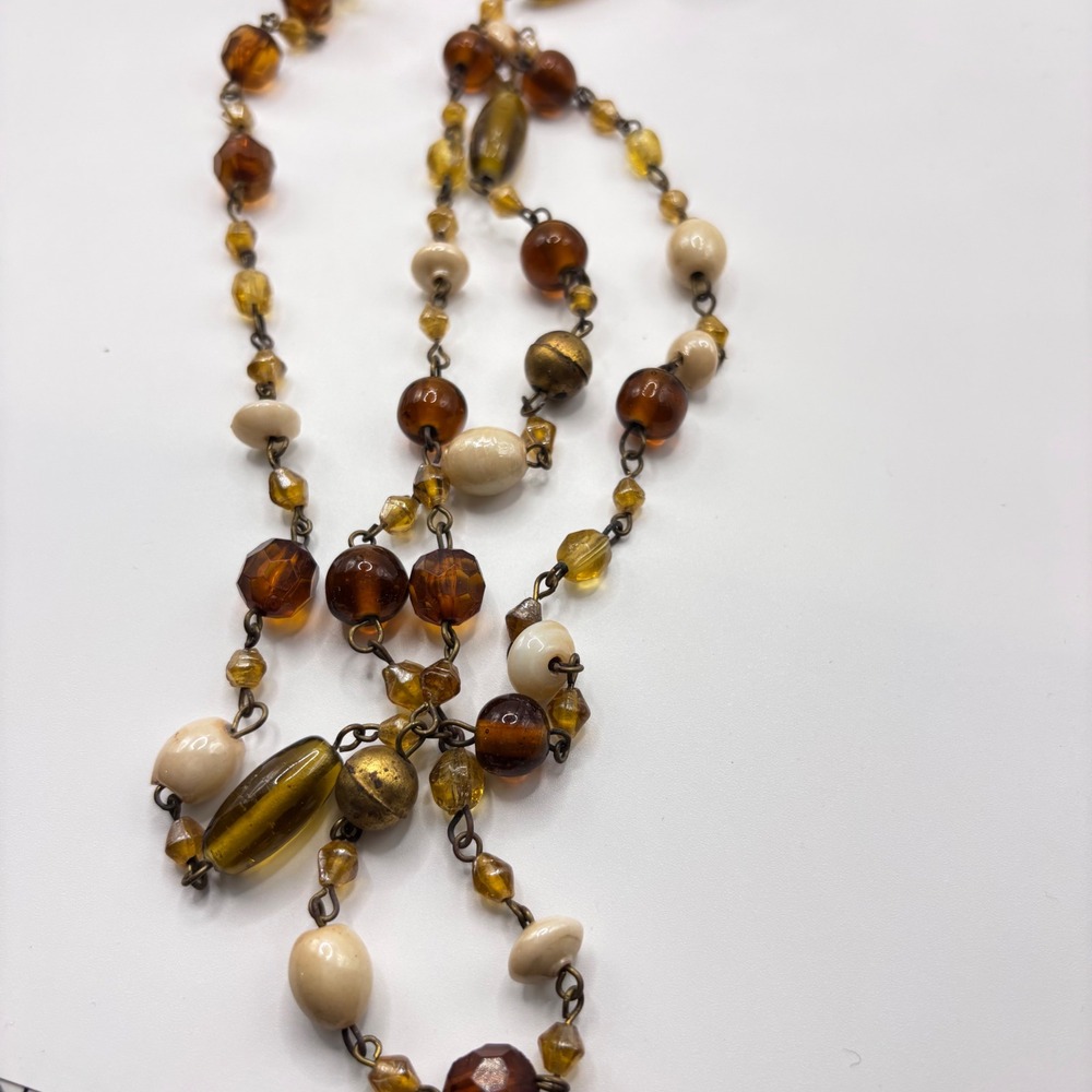 Vtg Boho Earthy Beaded Long Necklace Station 60" Baroque Amber Green Cream Glass - Picture 6 of 8